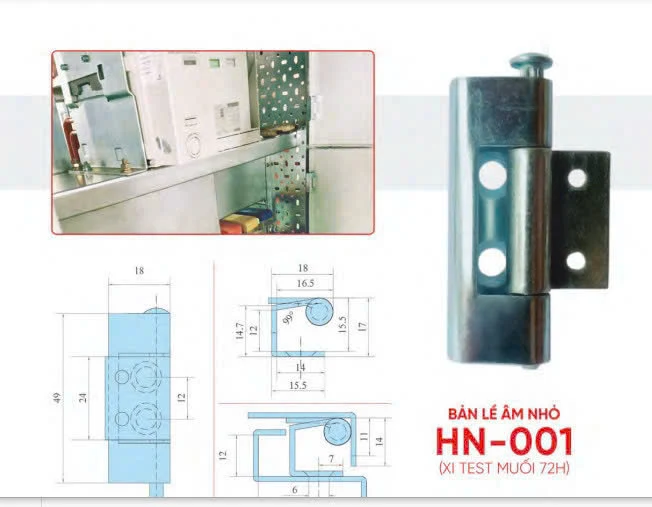 Tài liệu ảnh bản lề âm nhỏ HN-001; cần xác nhận bản vẽ hiện hành
